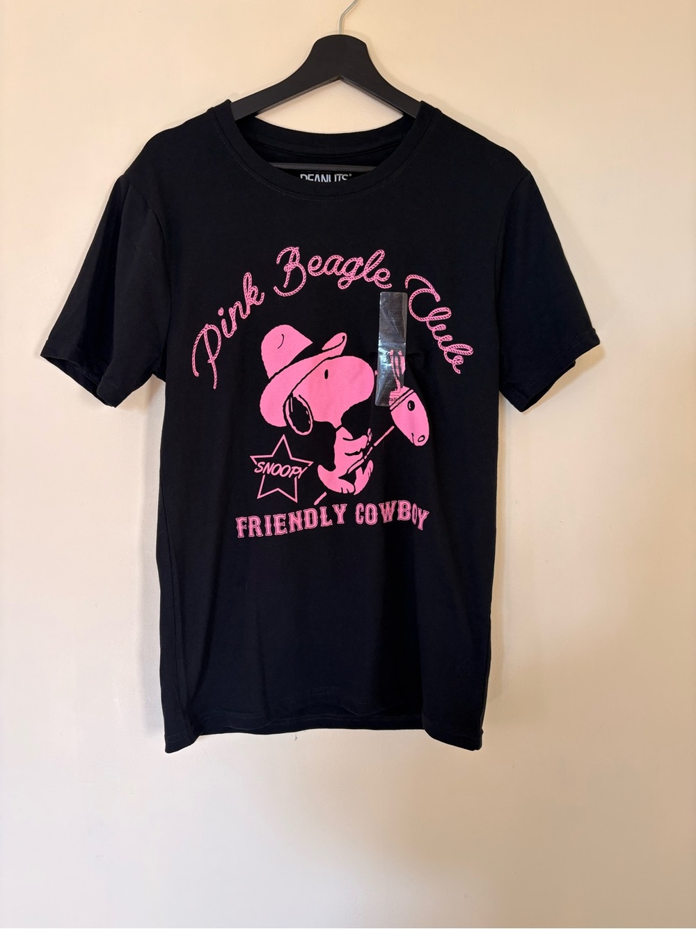 Peanuts Black Tee with Pink Snoopy Cowboy Graphic